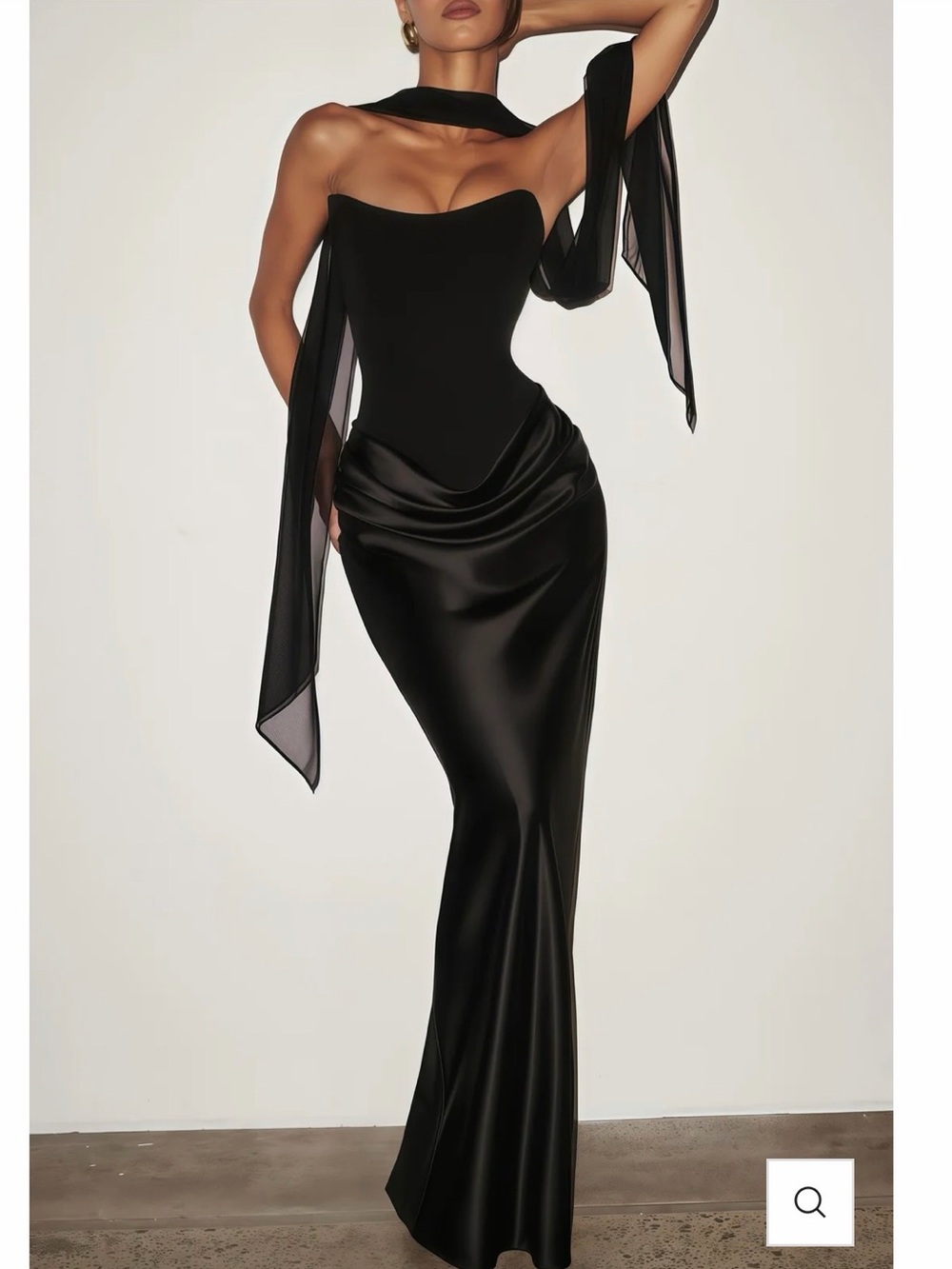 Black Strapless Satin Maxi Dress with Sheer Tie Accents